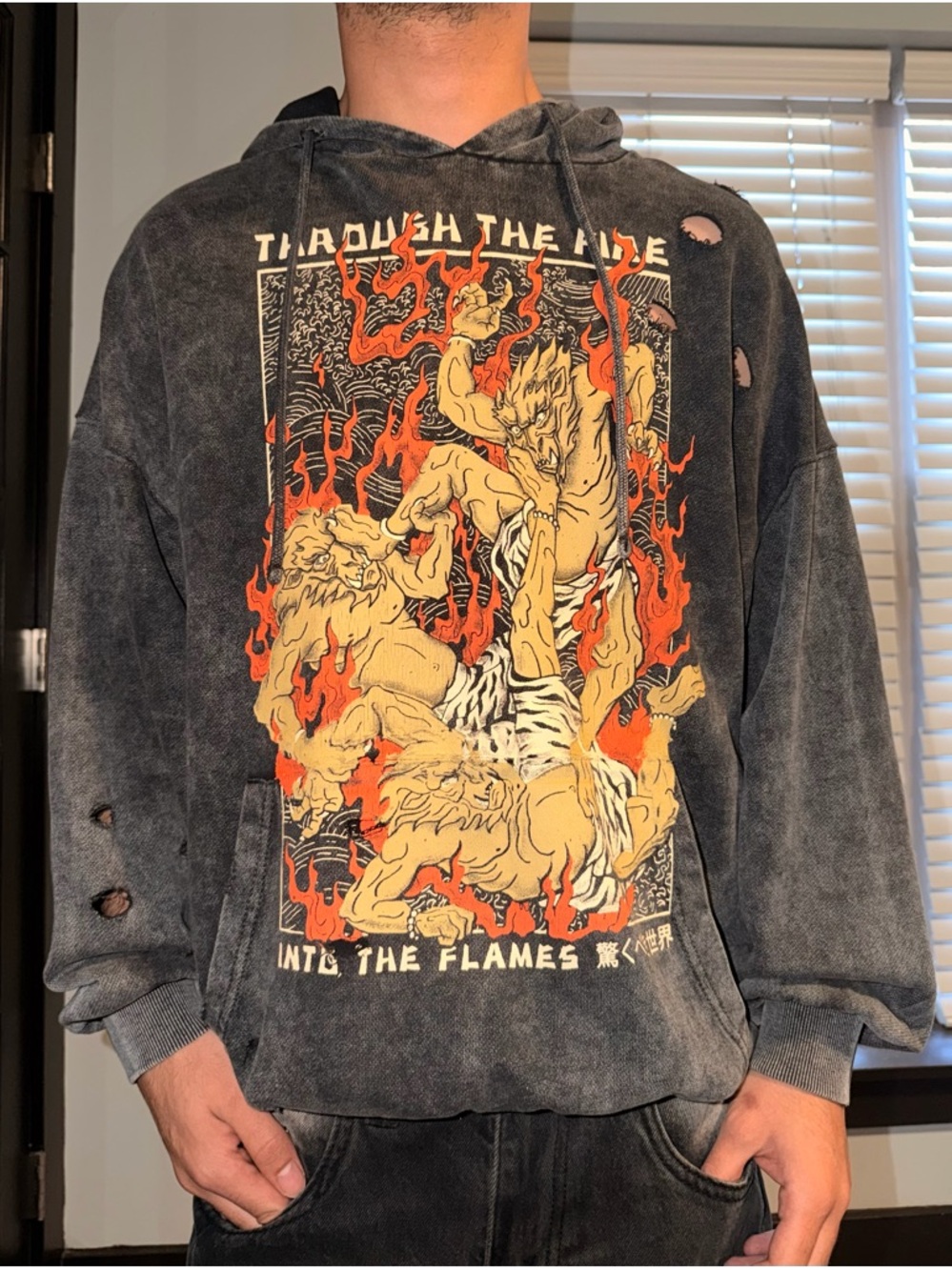 Bershka Black/Grey Distressed Graphic Hoodie with Orange & Cream Print